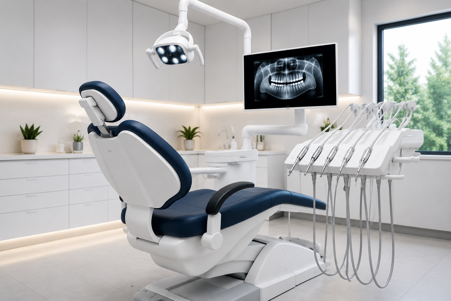 Modern dental treatment room with a reclined dental chair, overhead light, and a wall-mounted monitor displaying a dental x-ray