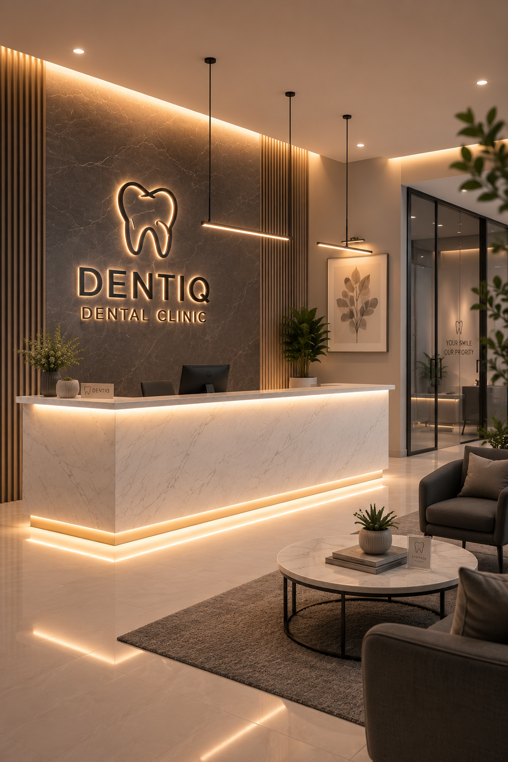 Elegant, moodily-lit dental clinic interior featuring a reception desk and a comfortable seating area